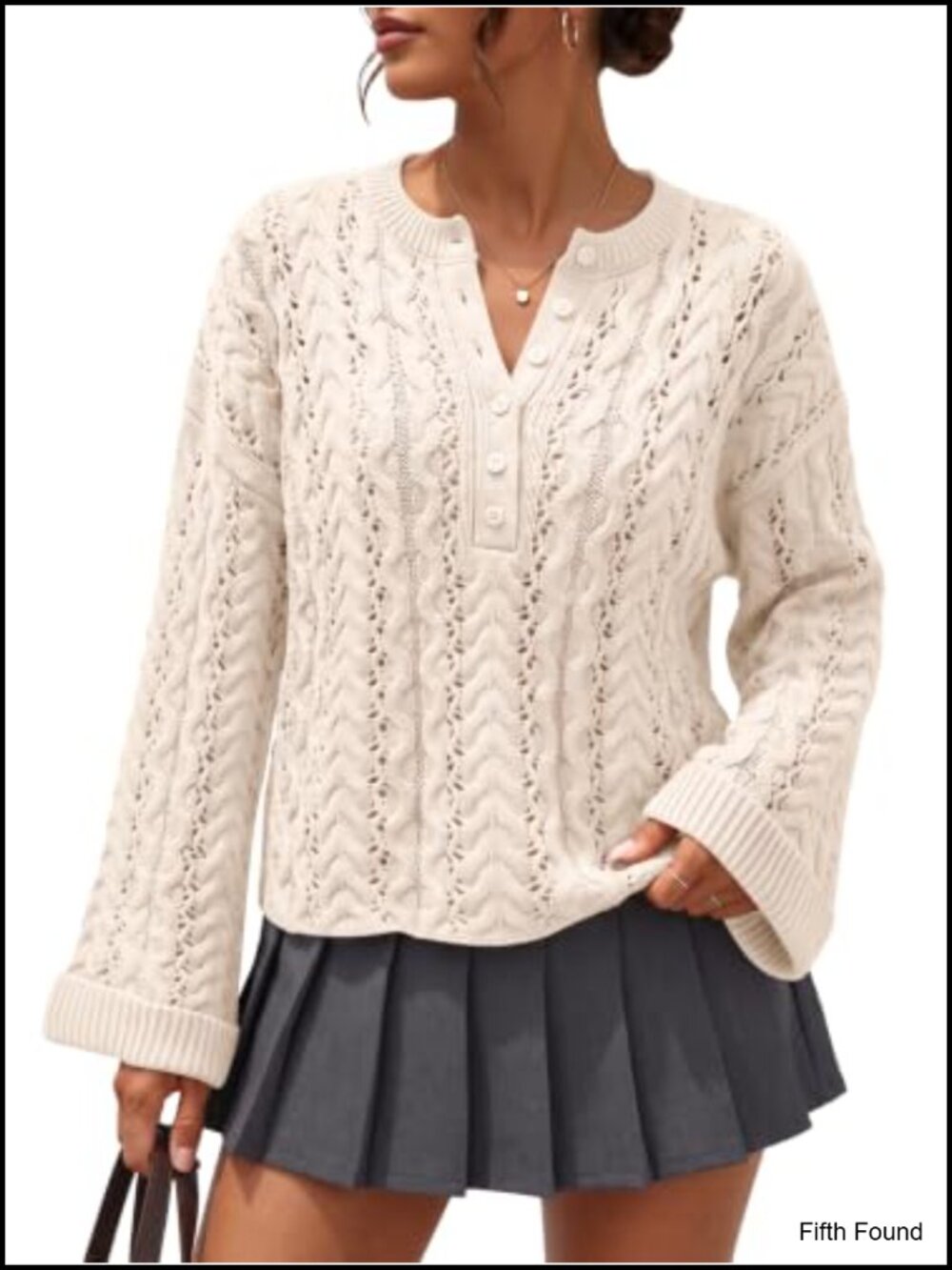 Henley Cable Knit Cropped Sweater Cotton Acrylic Pullover